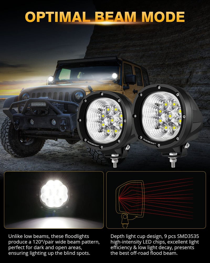 Auxbeam 4 Inch 90W LED Flood Lights Round Offroad Lights Round LED Pods Light Bar Driving Lights Bumper Roof Hood for Trucks ATV Car Motorcycle Jeep - Image 2