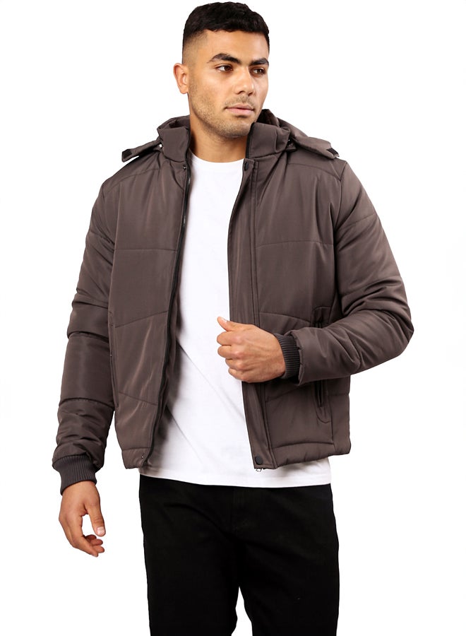 RAVIN Zipped Puffer Jacket with Detachable Hoody - Dark Grey  - Image 1