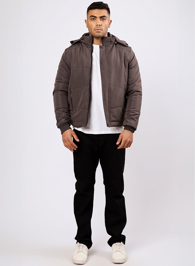 RAVIN Zipped Puffer Jacket with Detachable Hoody - Dark Grey  - Image 5