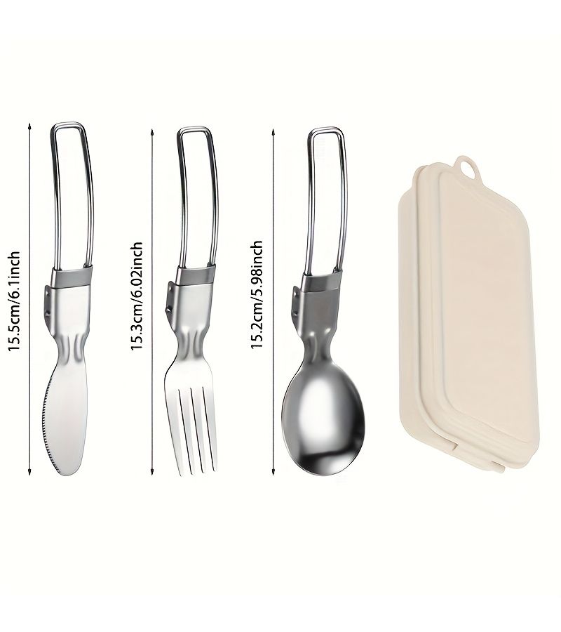 Beige 4 Piece Stainless Steel Folding Knife Fork Spoon Set Storage Case - Image 3