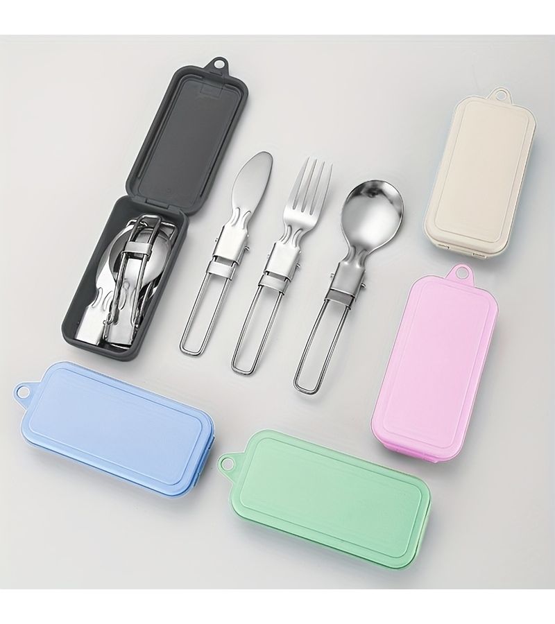 Beige 4 Piece Stainless Steel Folding Knife Fork Spoon Set Storage Case - Image 1