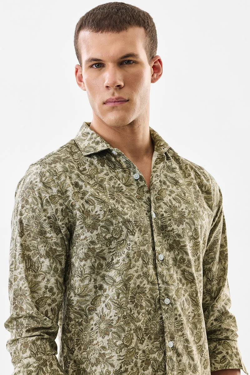 SNITCH Olive Floral Long Sleeve Slim Fit Shirt
