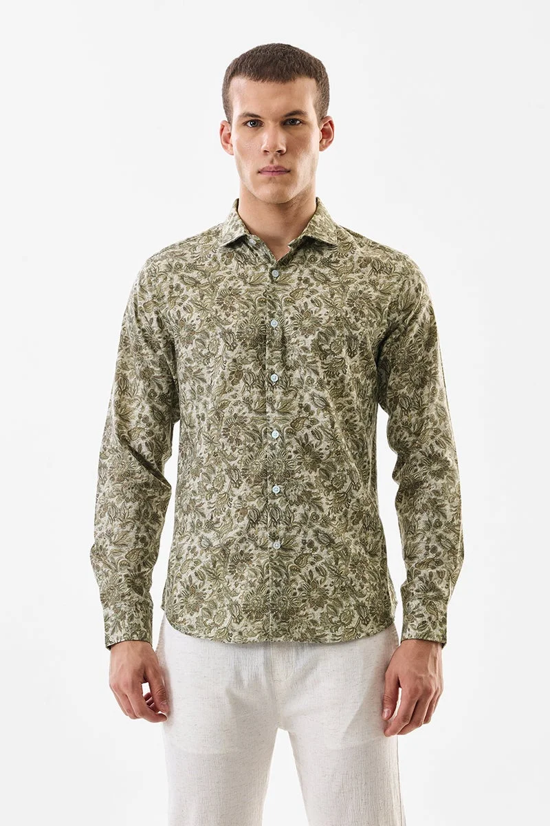 SNITCH Olive Floral Long Sleeve Slim Fit Shirt