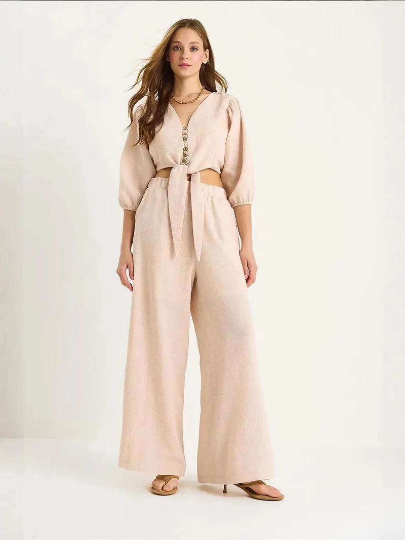 Bianco Lucci LUCCI Textured V-Neck Long Sleeve Two-Piece Coord Set