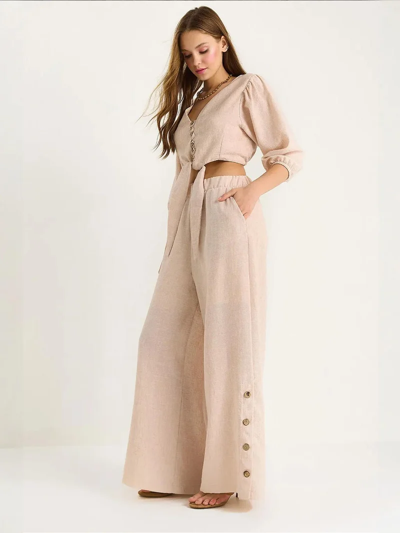 Bianco Lucci LUCCI Textured V-Neck Long Sleeve Two-Piece Coord Set