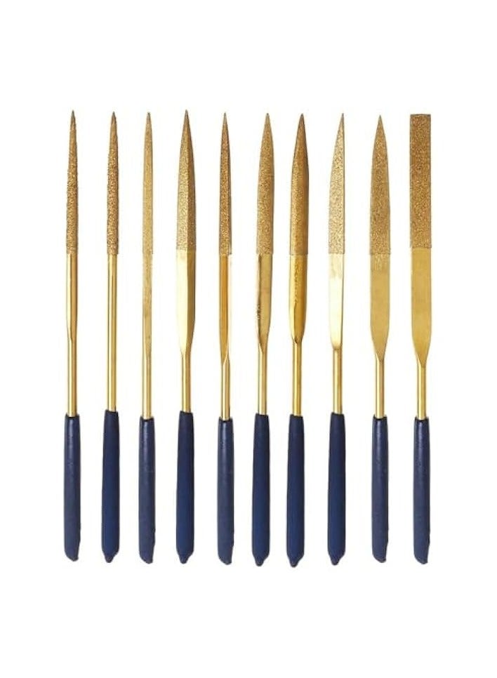 PROMASS 10 Pcs Titanium Coated Mini Diamond File Set Flat Needle Square Round Triangular Shape Rifler Files for Metal Jewelry Glass Wood Carving Sanding Polishing Tool - 3x140mm  - Image 1