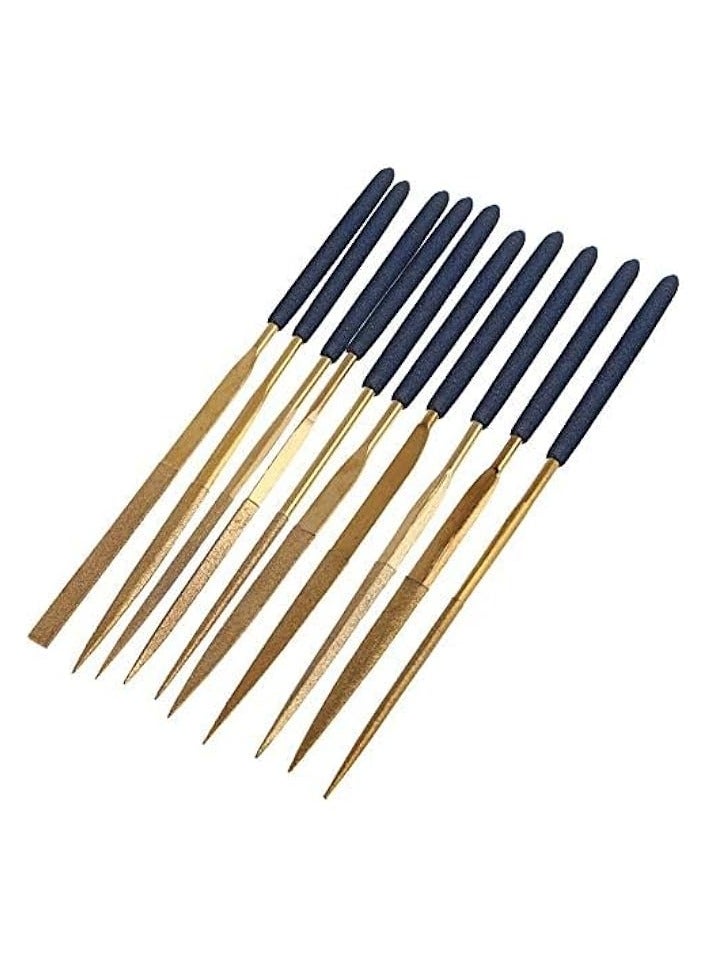 PROMASS 10 Pcs Titanium Coated Mini Diamond File Set Flat Needle Square Round Triangular Shape Rifler Files for Metal Jewelry Glass Wood Carving Sanding Polishing Tool - 3x140mm  - Image 2