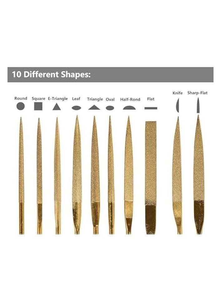 PROMASS 10 Pcs Titanium Coated Mini Diamond File Set Flat Needle Square Round Triangular Shape Rifler Files for Metal Jewelry Glass Wood Carving Sanding Polishing Tool - 3x140mm  - Image 3
