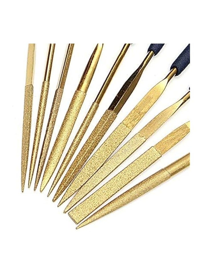 PROMASS 10 Pcs Titanium Coated Mini Diamond File Set Flat Needle Square Round Triangular Shape Rifler Files for Metal Jewelry Glass Wood Carving Sanding Polishing Tool - 3x140mm  - Image 5