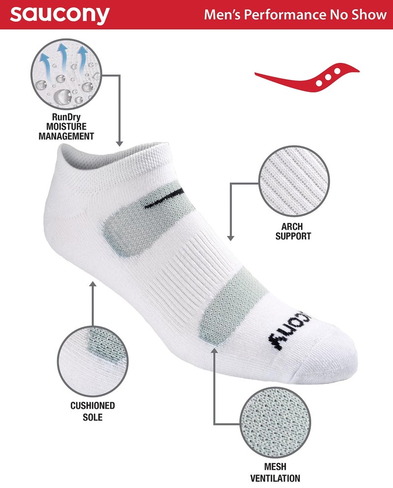 Saucony Men's RunDry Mesh Ventilating Comfort Fit Performance 6, 12, 18 Pairs No-Show Socks, M-XXL, White (18 Pairs), Large