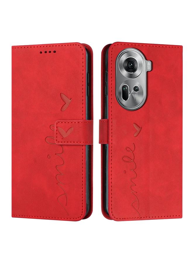 Green Tiger For OPPO Reno11 5G Global Skin Feel Heart Embossed Leather Phone Case with Long Lanyard(Red)