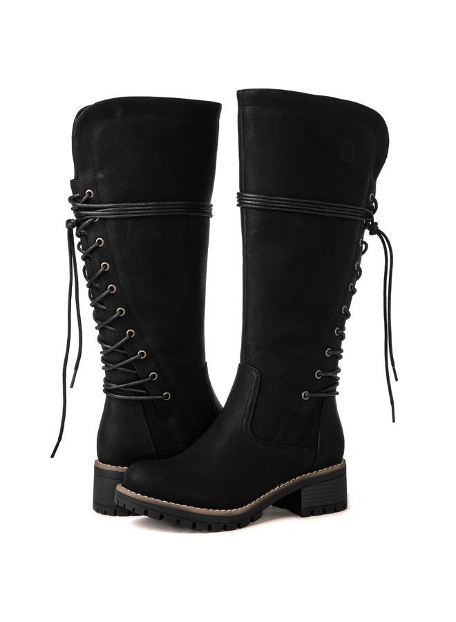 GLOBALWIN Women's Black Lace Up Back Boots Knee High Boots Fashion Boots For Women 7M - Image 1