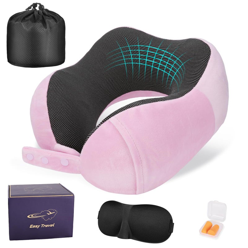 Cirorld Neck Pillow for Traveling, Travel Pillows for Airplanes,100% Pure Memory Foam Travel Neck Pillow, Adjustable Flight Pillow, Portable Plane Accessories with Eye Mask, Earplugs, Carry Bag - Image 1