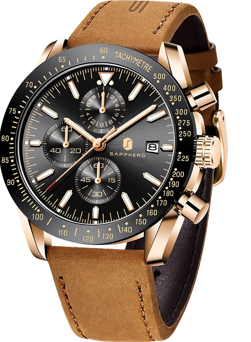 Sapphero Mens Watch Waterproof Chronograph Date Watch for Men Leather Strap Quartz Movement Analog Watch Business Casual Gift for Men - Image 1