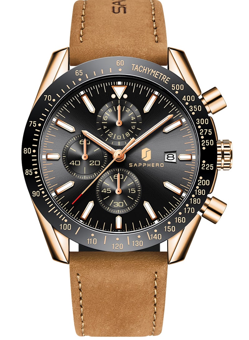 Sapphero Mens Watch Waterproof Chronograph Date Watch for Men Leather Strap Quartz Movement Analog Watch Business Casual Gift for Men - Image 2