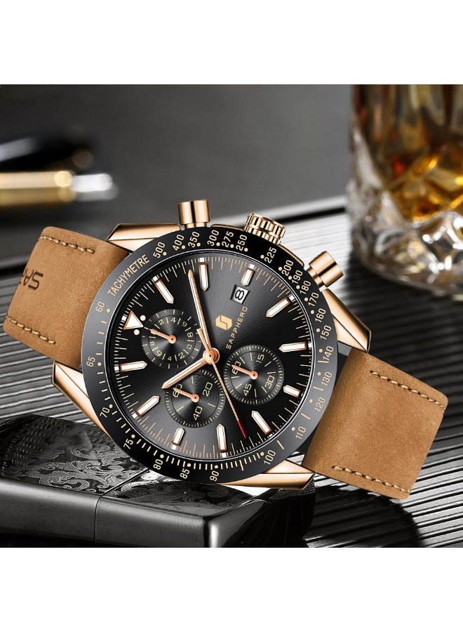 Sapphero Mens Watch Waterproof Chronograph Date Watch for Men Leather Strap Quartz Movement Analog Watch Business Casual Gift for Men - Image 5