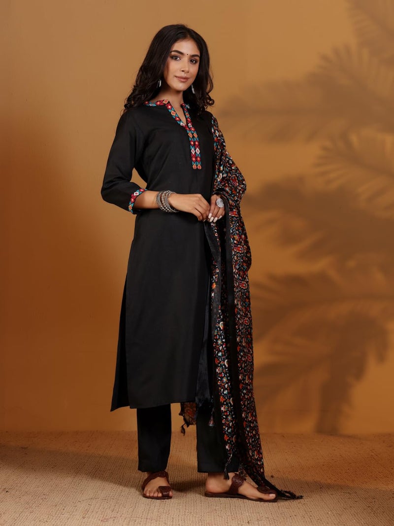 Varanga Women Mandarin Collar Embroidered Straight Kurta With Trouser & Floral Printed Dupatta - Image 3