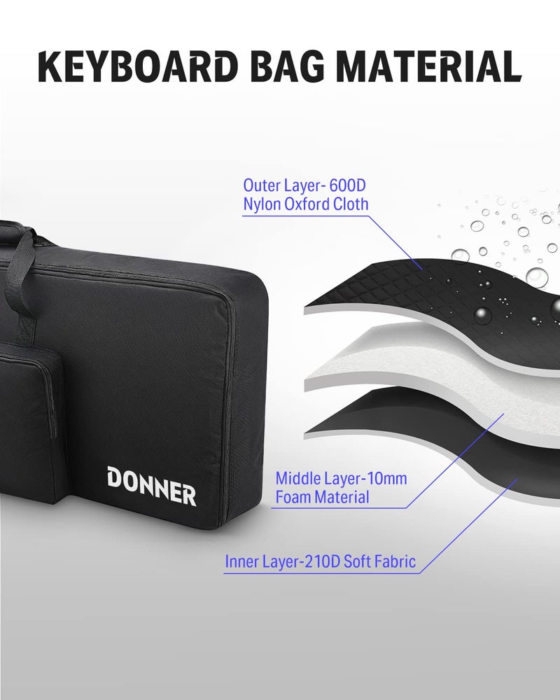Donner 61 Key Keyboard Case, Portable Electric Piano Keyboard Gig Bag, Waterproof Durable 600D Nylon Oxford Cloth, 10mm Cotton Padded, 41"x 16"x 5", Black - Image 2