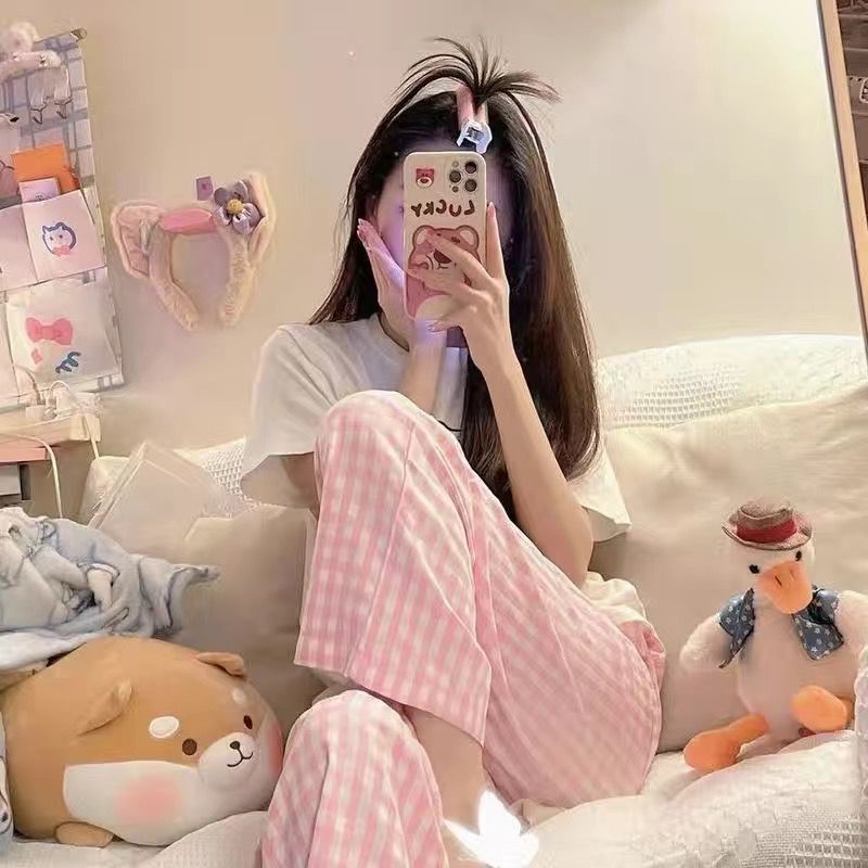 2024 Summer New Korean Plaid Sweet and Comfortable Breathable Home Walking Pajama Pants Fresh All-match Outer Wear Trousers Pink plaid [hot selling model] 