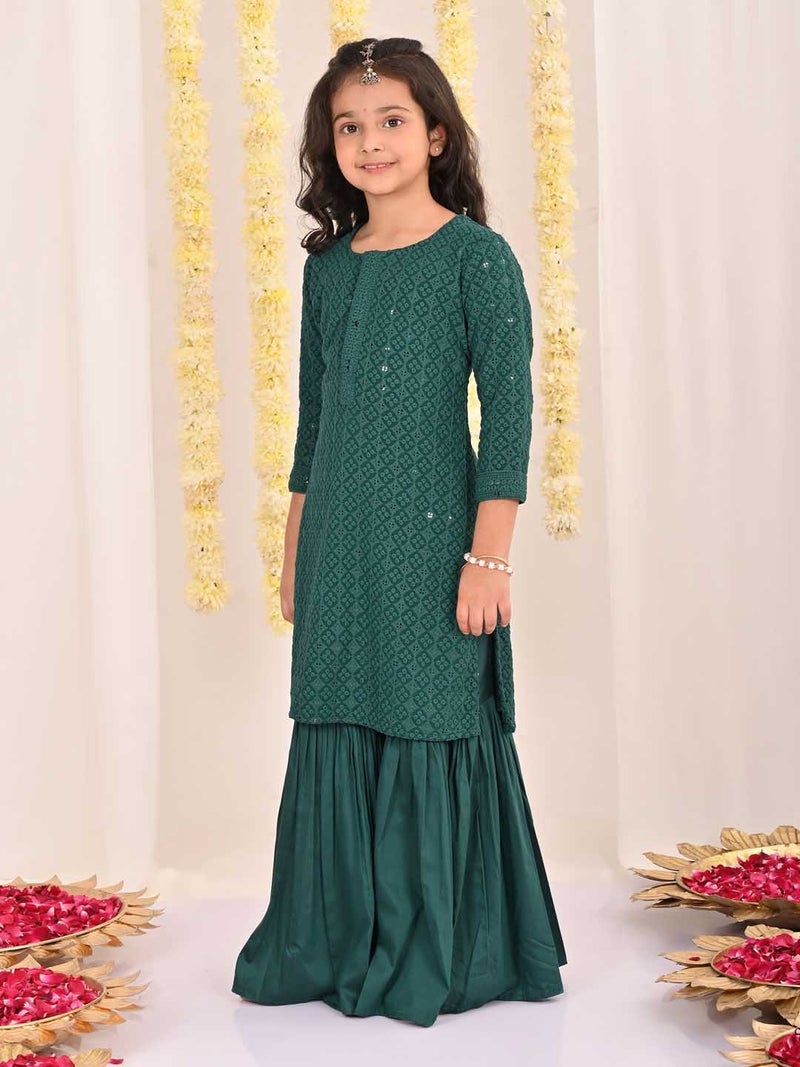 PRASHA Girls' Green Embellished Kurta Palazzo Set - Image 1