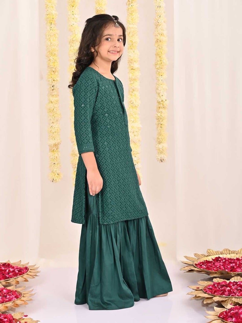 PRASHA Girls' Green Embellished Kurta Palazzo Set - Image 2