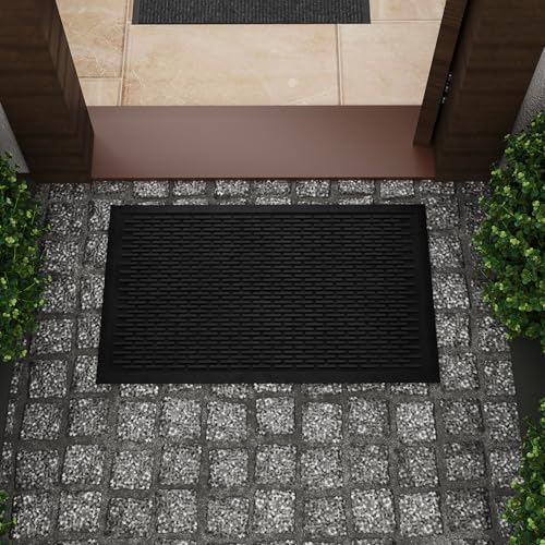 Ottomanson Waterproof Rubber Outdoor Doormat – Heavy-Duty Non-Slip Rubber Floor Mat with Ridge Scraper Pattern, All-Weather Front Door Entry Mat for Mud & Dirt Control – 18" x 30", Black - Image 1