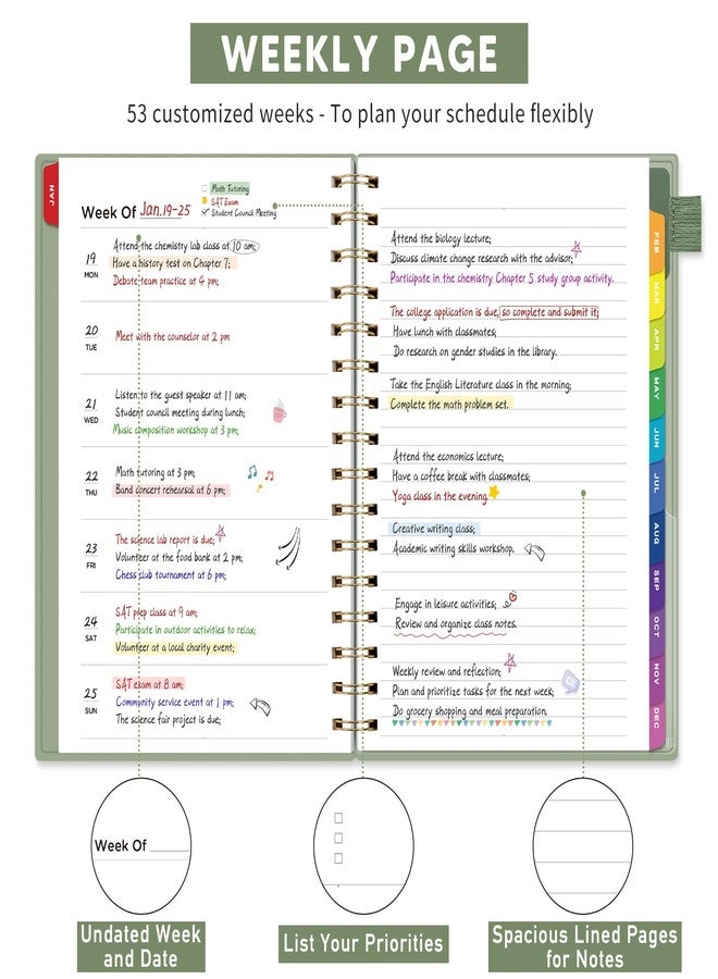 EMSHOI Undated Planner, Weekly and Monthly Calendar, 53 Weeks and 12 Months, A5 (6.38" x 8.35"), 100GSM Thick Paper, PVC Cover, Monthly Tabs, Note Pages, Start Anytime - Image 3