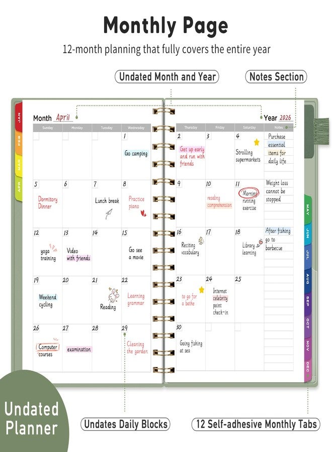 EMSHOI Undated Planner, Weekly and Monthly Calendar, 53 Weeks and 12 Months, A5 (6.38" x 8.35"), 100GSM Thick Paper, PVC Cover, Monthly Tabs, Note Pages, Start Anytime - Image 4