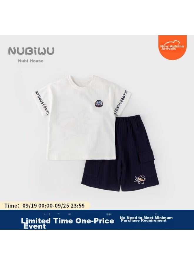 Nubiwu Boys' Summer Thin Set, Round Neck Pullover Two-piece Outfit, Cartoon Print Short-sleeve Top And Knee-length Shorts For Boys - Image 1
