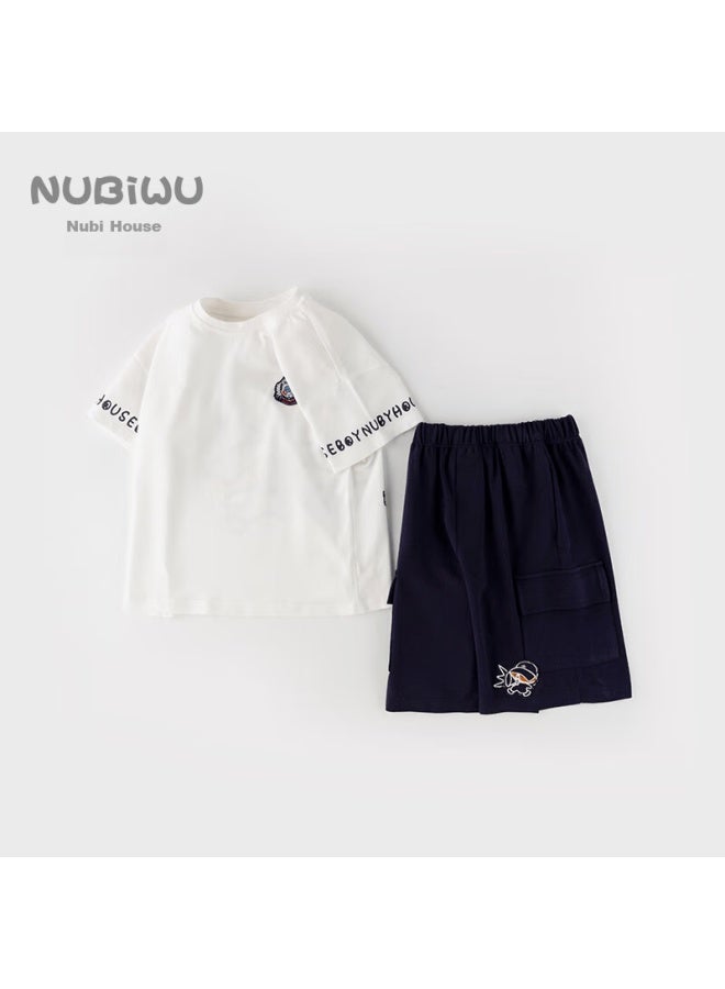 Nubiwu Boys' Summer Thin Set, Round Neck Pullover Two-piece Outfit, Cartoon Print Short-sleeve Top And Knee-length Shorts For Boys - Image 2