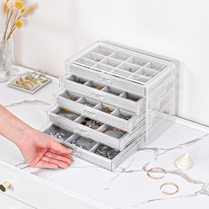 ProCase Earring Holder Organizer Jewelry Box with 5 Drawers, Acrylic Clear Earring Case with Adjustable Velvet Trays for Women - Grey, 5 Layers - Image 3