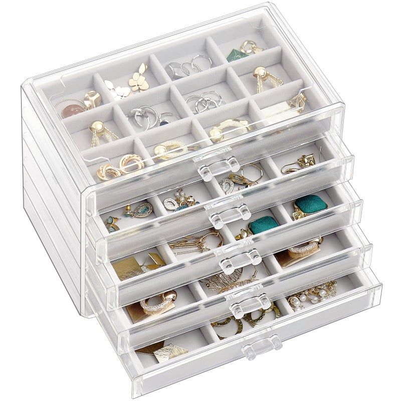 ProCase Earring Holder Organizer Jewelry Box with 5 Drawers, Acrylic Clear Earring Case with Adjustable Velvet Trays for Women - Grey, 5 Layers - Image 1