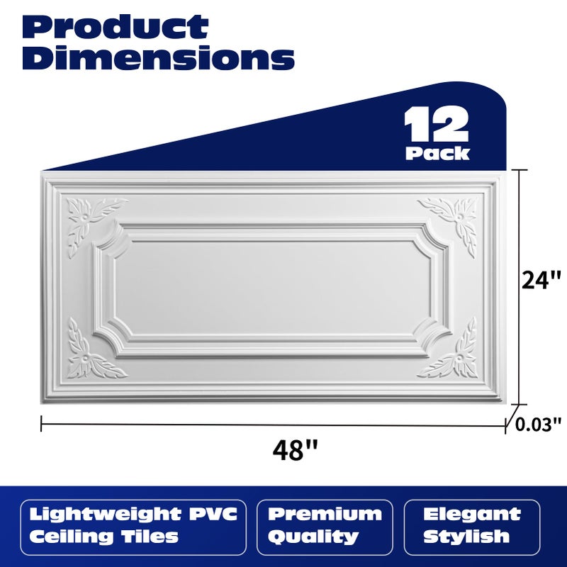 Art3dwallpanels 12 Pack Drop Ceiling Tiles, 2x4 Ft PVC Decorative 3D Wall Panel, Glue Up Ceiling Covering Panels for Basement Kitchen Bathroom, 24x48 Inch, Cover 96 Sq. Ft, White - Image 2