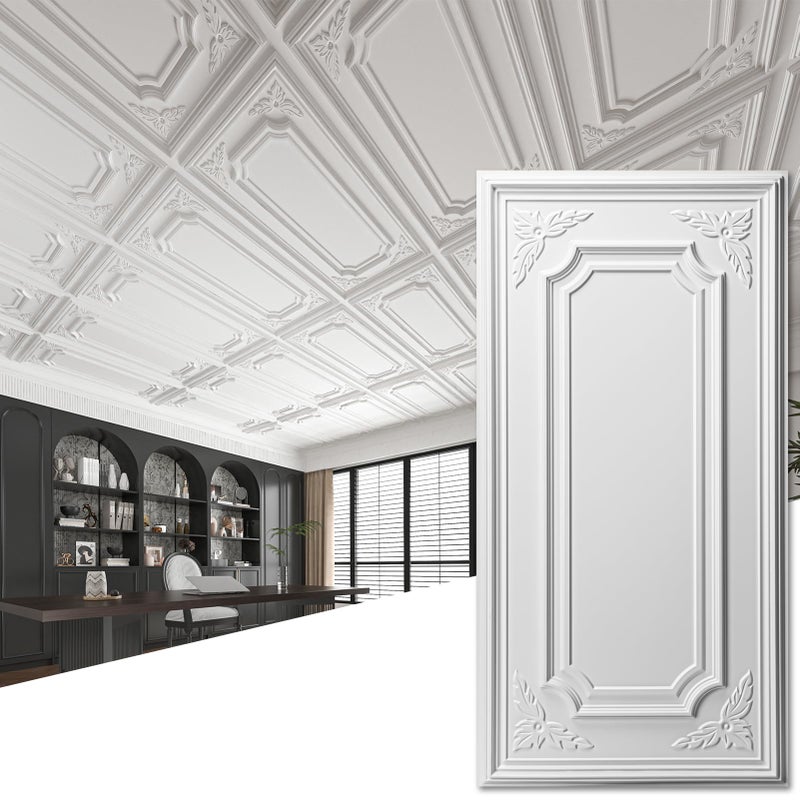 Art3dwallpanels 12 Pack Drop Ceiling Tiles, 2x4 Ft PVC Decorative 3D Wall Panel, Glue Up Ceiling Covering Panels for Basement Kitchen Bathroom, 24x48 Inch, Cover 96 Sq. Ft, White - Image 1