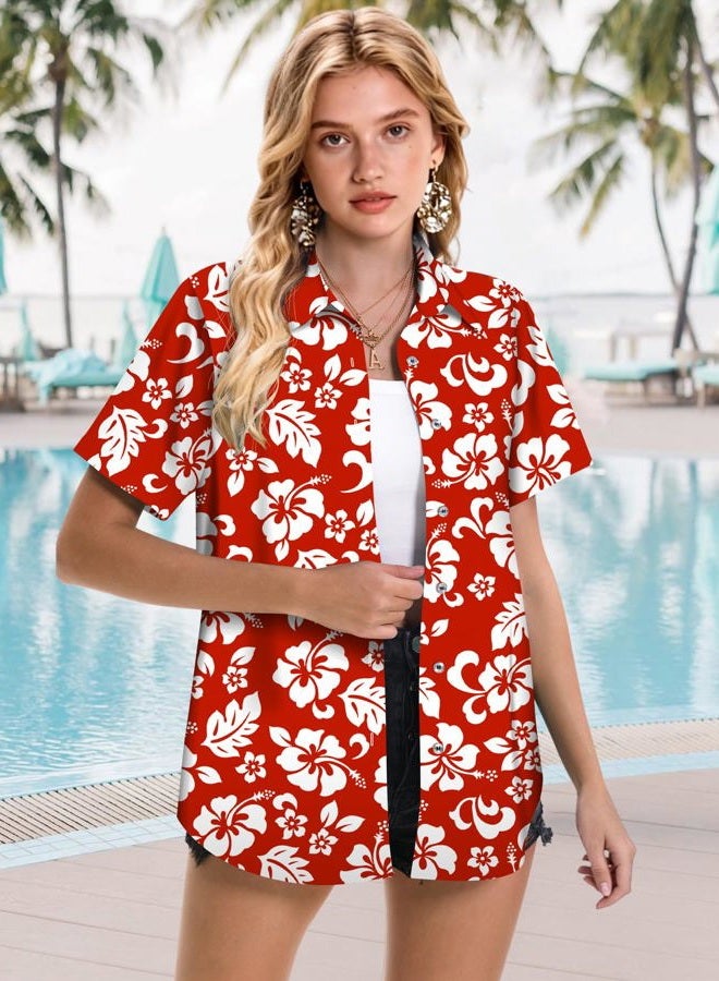 Mizvsitrd Hawaiian Shirts for Women Tropical Shirt Summer Beach Hawaii Button Down Short Sleeve Blouses Floral Tops Hawaii Outfits 2025, A-flower Red, XXL - Image 3