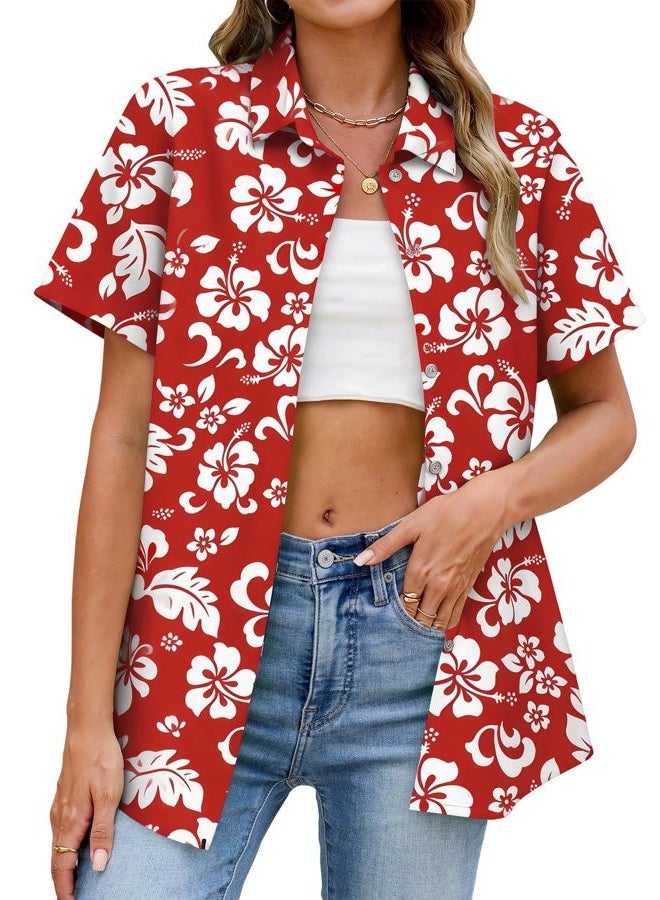 Mizvsitrd Hawaiian Shirts for Women Tropical Shirt Summer Beach Hawaii Button Down Short Sleeve Blouses Floral Tops Hawaii Outfits 2025, A-flower Red, XXL - Image 4