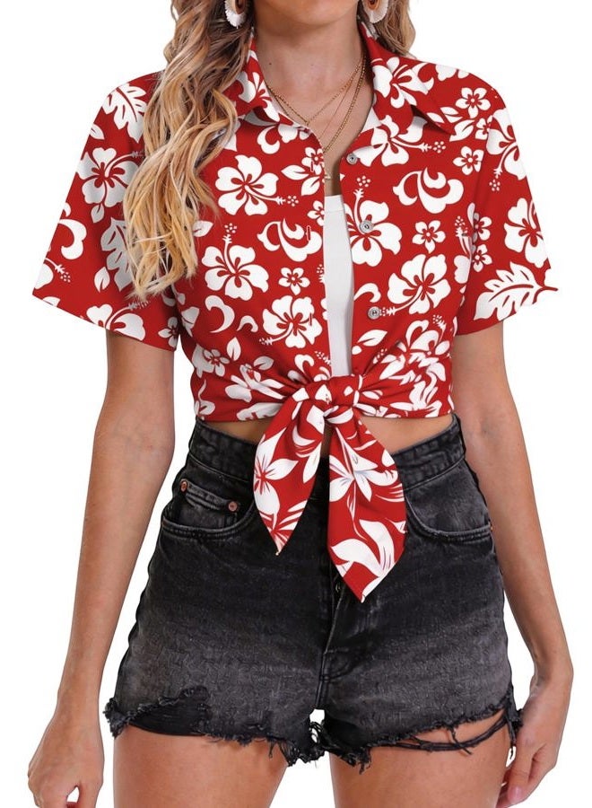 Mizvsitrd Hawaiian Shirts for Women Tropical Shirt Summer Beach Hawaii Button Down Short Sleeve Blouses Floral Tops Hawaii Outfits 2025, A-flower Red, XXL - Image 5