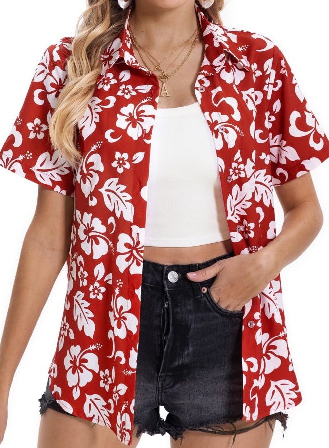 Mizvsitrd Hawaiian Shirts for Women Tropical Shirt Summer Beach Hawaii Button Down Short Sleeve Blouses Floral Tops Hawaii Outfits 2025, A-flower Red, XXL - Image 2