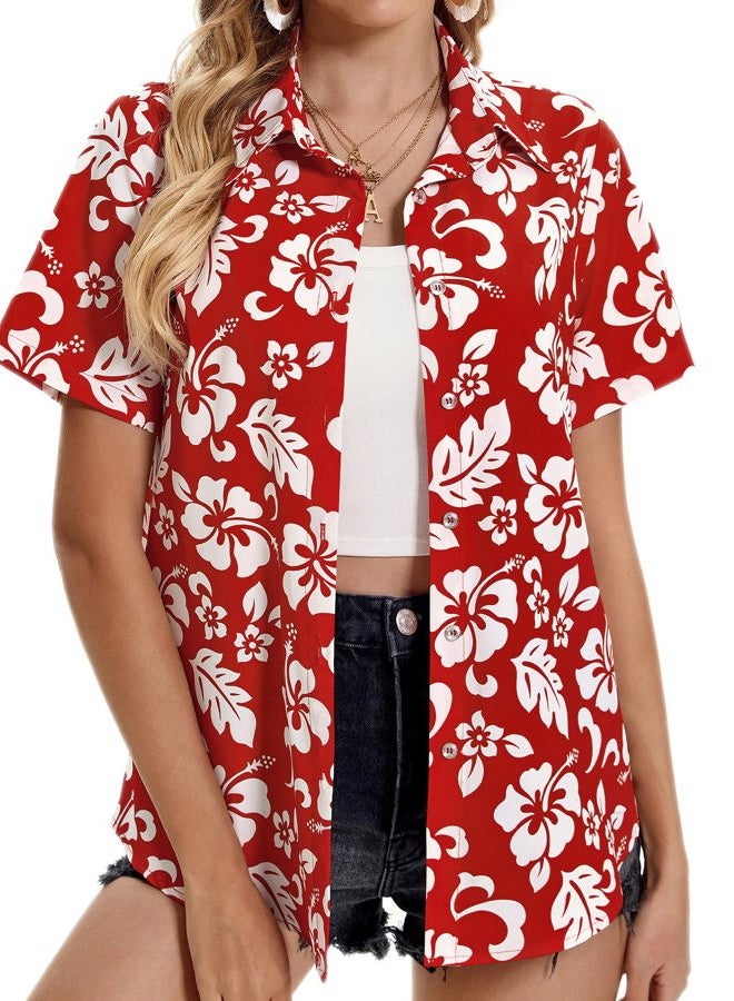 Mizvsitrd Hawaiian Shirts for Women Tropical Shirt Summer Beach Hawaii Button Down Short Sleeve Blouses Floral Tops Hawaii Outfits 2025, A-flower Red, XXL - Image 1