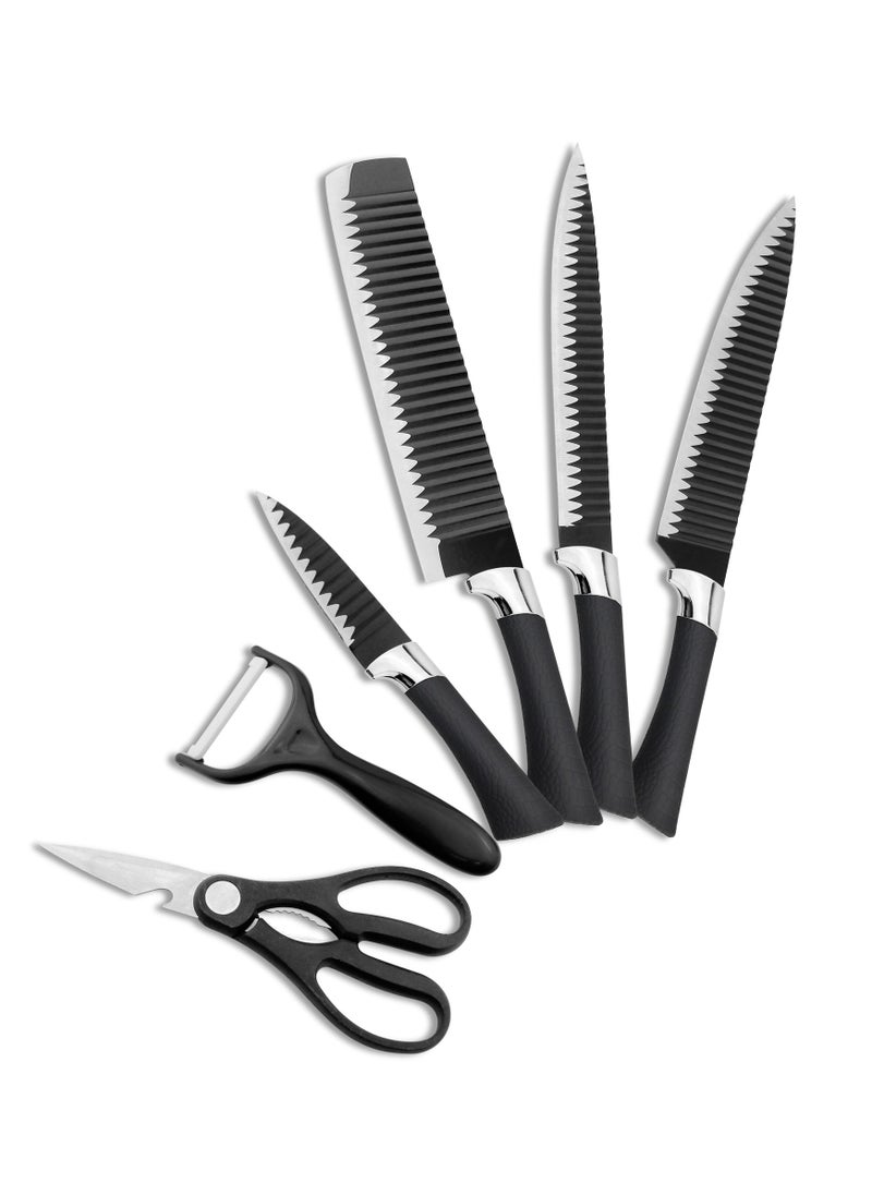 HausRoland - 6 Pieces Leather Knife Set, Stainless Steel Blades, Black Kitchen Cutlery Set Including Peeler and Scissors, Knives for Cutting, Chopping, Dicing and More - Image 1