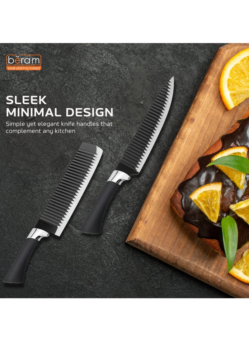 HausRoland - 6 Pieces Leather Knife Set, Stainless Steel Blades, Black Kitchen Cutlery Set Including Peeler and Scissors, Knives for Cutting, Chopping, Dicing and More - Image 1
