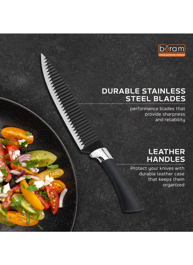 HausRoland - 6 Pieces Leather Knife Set, Stainless Steel Blades, Black Kitchen Cutlery Set Including Peeler and Scissors, Knives for Cutting, Chopping, Dicing and More - Image 1