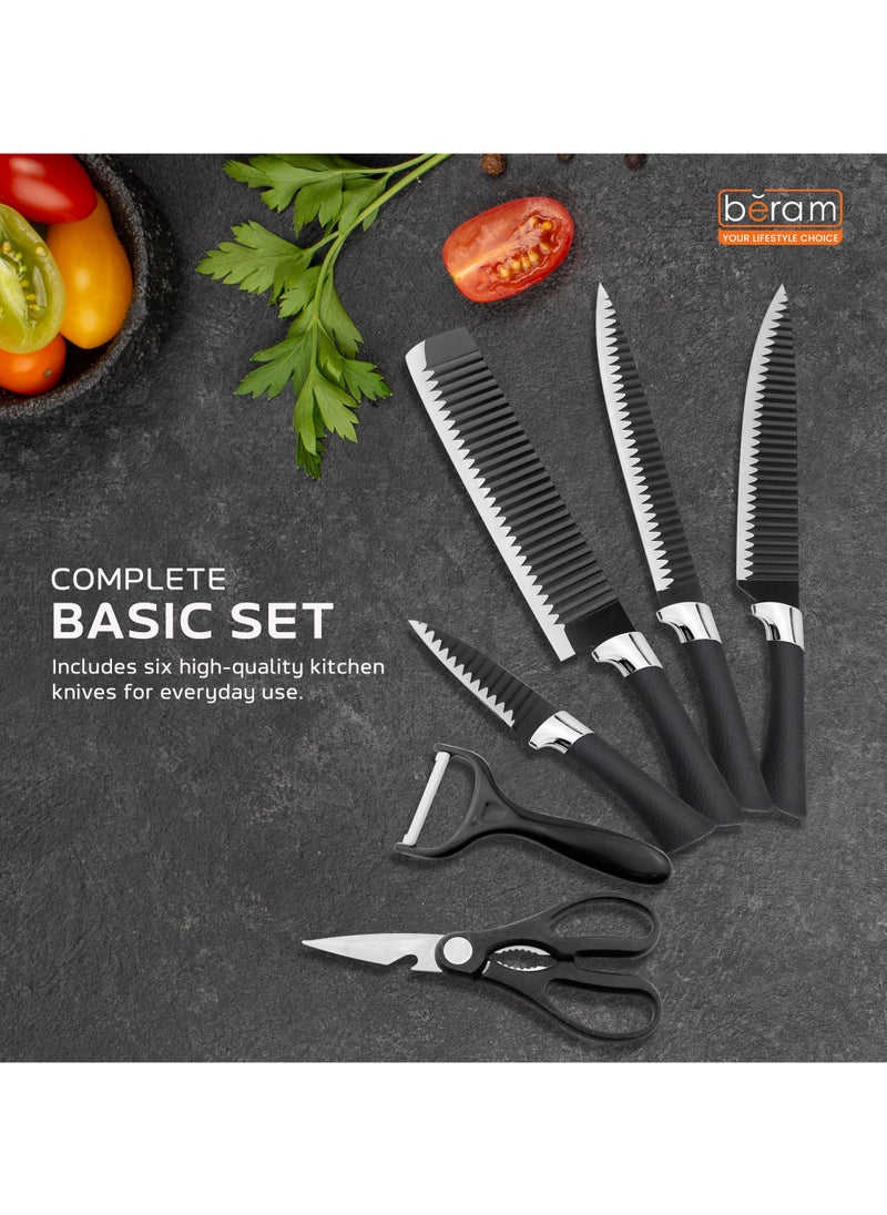 HausRoland - 6 Pieces Leather Knife Set, Stainless Steel Blades, Black Kitchen Cutlery Set Including Peeler and Scissors, Knives for Cutting, Chopping, Dicing and More - Image 1