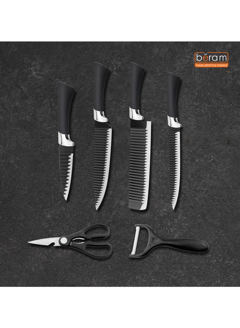 HausRoland - 6 Pieces Leather Knife Set, Stainless Steel Blades, Black Kitchen Cutlery Set Including Peeler and Scissors, Knives for Cutting, Chopping, Dicing and More - Image 1