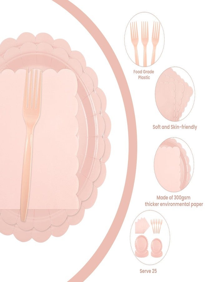 PUEVENYI 96PCS Pink Paper Plates and Napkins, 24 Guest Light Pink Disposable Tableware Set Include Scalloped Paper Plates Napkins and Forks Decoration Party Supplies for Birthday Wedding Baby Shower - Image 3