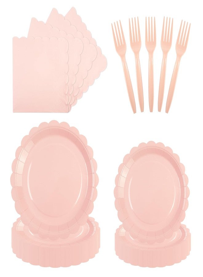 PUEVENYI 96PCS Pink Paper Plates and Napkins, 24 Guest Light Pink Disposable Tableware Set Include Scalloped Paper Plates Napkins and Forks Decoration Party Supplies for Birthday Wedding Baby Shower - Image 1