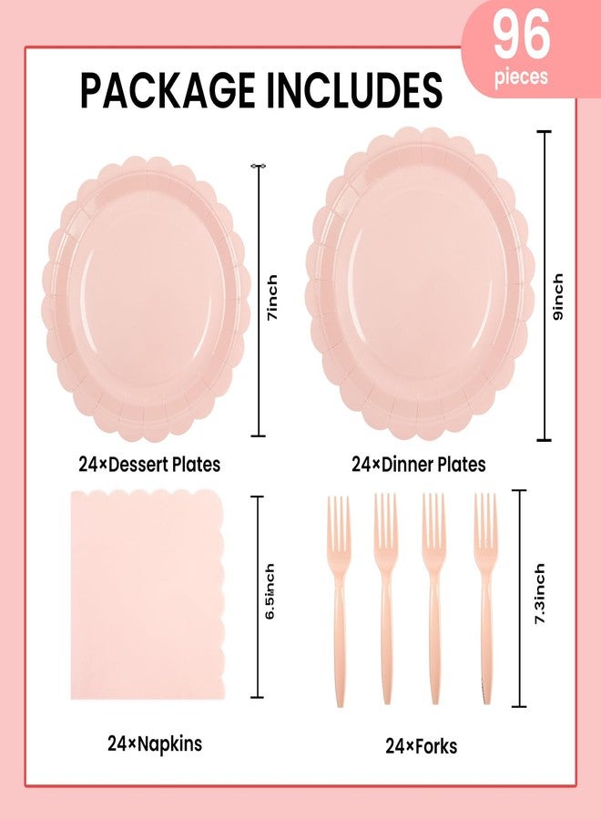 PUEVENYI 96PCS Pink Paper Plates and Napkins, 24 Guest Light Pink Disposable Tableware Set Include Scalloped Paper Plates Napkins and Forks Decoration Party Supplies for Birthday Wedding Baby Shower - Image 2