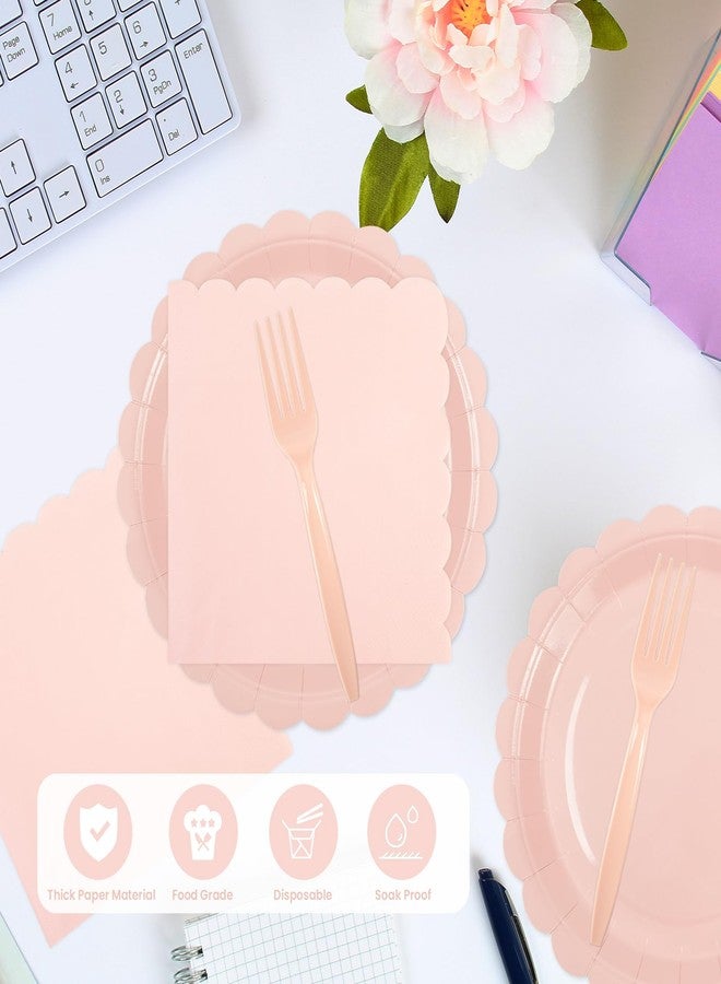 PUEVENYI 96PCS Pink Paper Plates and Napkins, 24 Guest Light Pink Disposable Tableware Set Include Scalloped Paper Plates Napkins and Forks Decoration Party Supplies for Birthday Wedding Baby Shower - Image 4