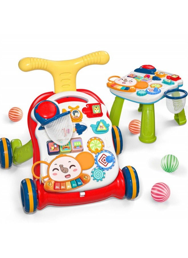 2-In-1 Multifunctional Sit-To-Stand Early Educational Child Activity Center Learning Baby Walker With Removable Play Panel, Music Learning Toy