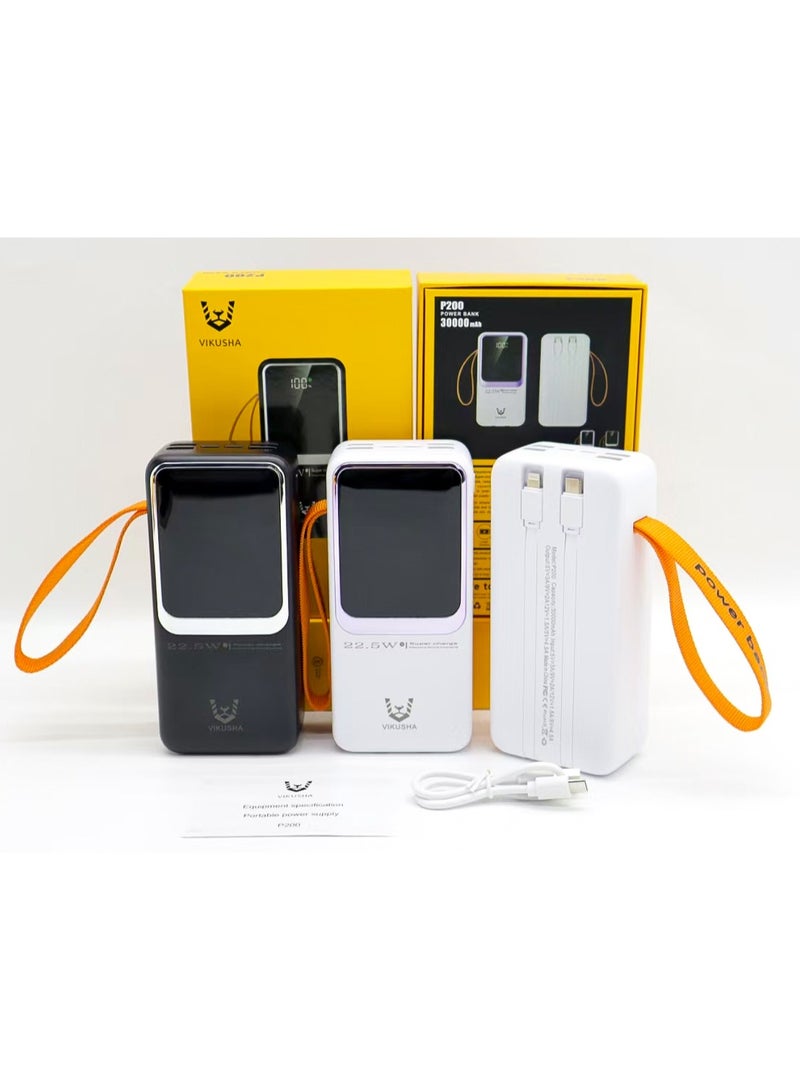 فيكوشا بنك طاقة فيكوشا P200، سعة 30000 مللي أمبير/ساعة، بقوة 22.5 واط، يدعم الشحن السريع ثنائي الاتجاه، بثلاثة منافذ شحن سريع في آنٍ واحد، منفذ USB-C+USB+Lightning، رفيع للغاية، محمول، ومتين. لون أبيض. - Image 3